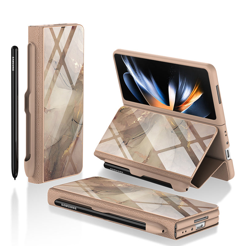 GKK til Samsung Galaxy Z Fold4 5G mønster telefonetui PU læder hærdet glas PC beskyttelsescover med kuglepen GKK til Samsung Galaxy Z Fold4 5G mønster telefonetui PU læder hærdet glas PC beskyttelsescover med kuglepen